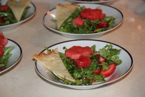 Salad with watermelon in the shape of maple leaves